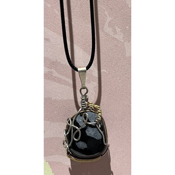 Snowflake obsidian - Raw Stone Wire Wrapped Silver/Gold Vegan Leather 16in - Picture 1 of 10